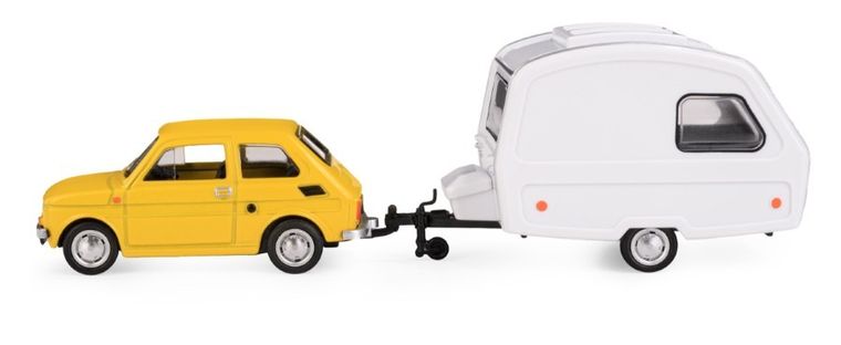 Daffi, Niewiadów, Fiat 126p z przyczepą kempingową, pojazd, model metalowy, żółty, 1:43