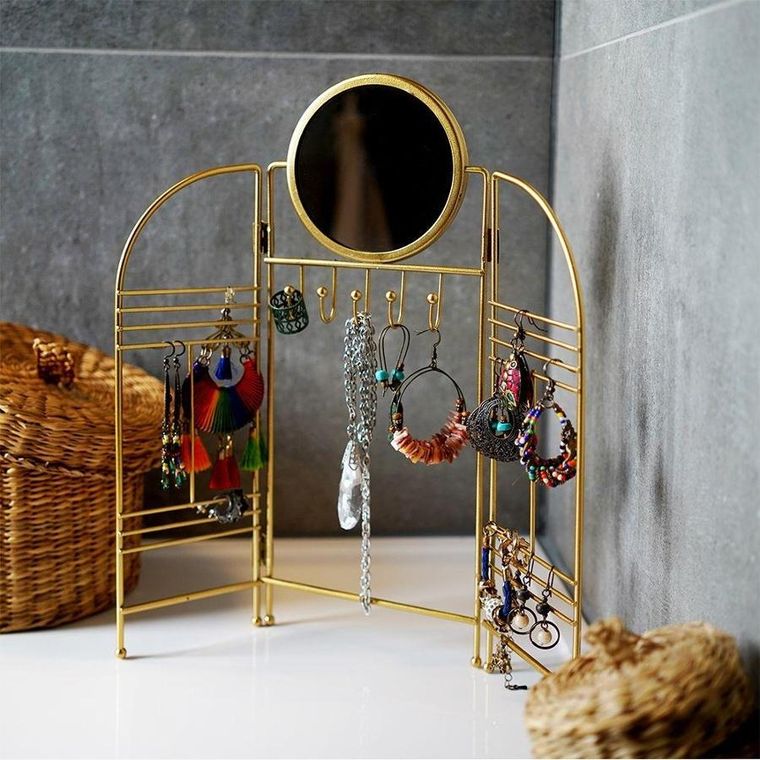 Eleganza, wieszak na biżuterię z lusterkiem, metalowy, składany, złoty
