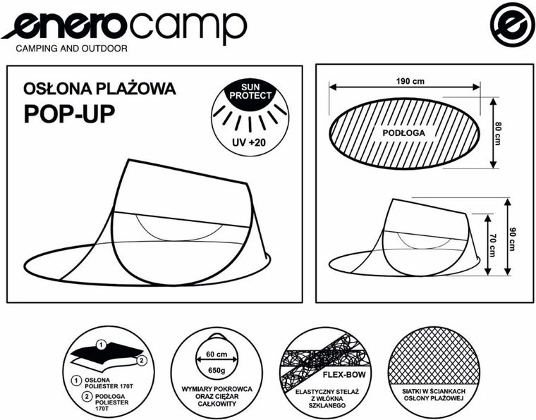 Enero Camp, namiot parawan plażowy samorozkładający, niebieski, 190-80-90/70 cm