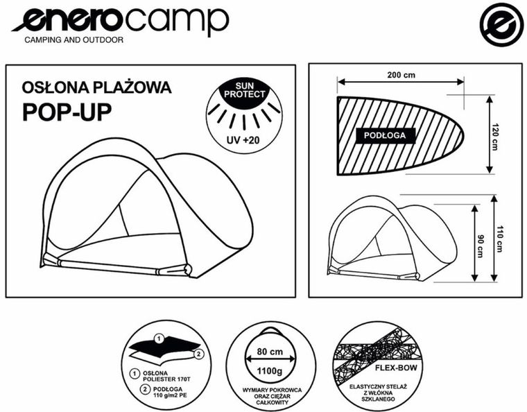 Enero Camp, namiot parawan plażowy samorozkładający zamykany, niebiesko-granatowy, 200-120-110/90 cm