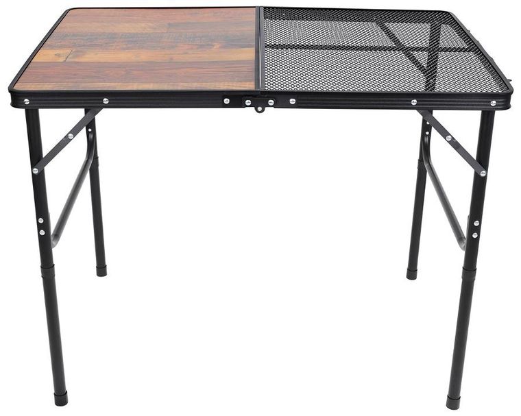Enero camp, stolik turystyczny składany kempingowy, siatka stalowa drewno, 90-60-36-68 cm