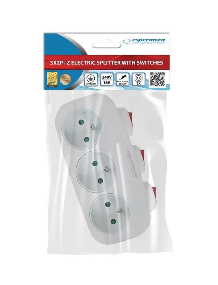 Esperanza, rozgałęźnik elektryczny, 3 gniazda, z włącznikami, biały, ELK307W