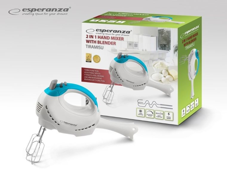 Esperanza, Tiramisu, blender, mikser ręczny, 300W, biały, EKM010