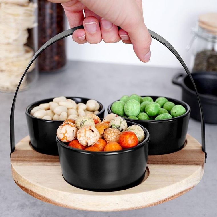 Excellent Houseware, miseczki ceramiczne do dipów, na przekąski, na tacy drewnianej, czarne, 4 elementy