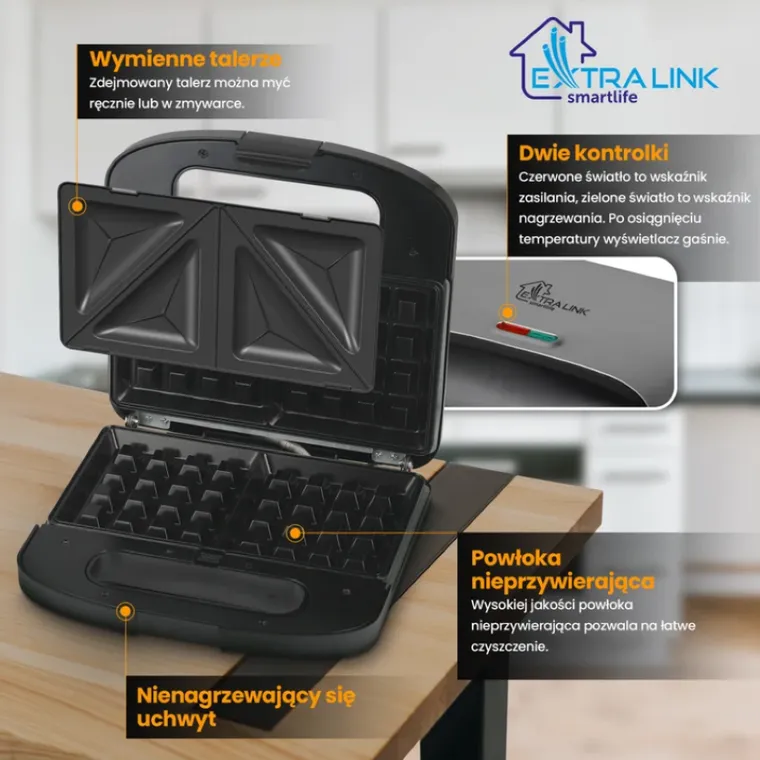Extralink, Smart Life Grill Sandwich & Waffle Maker, grill, toster & gofrownica, opiekacz z 3 wymiennymi płytami, 1000W, SJ-37A