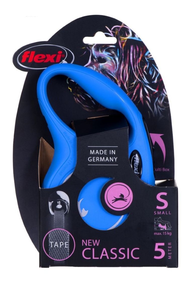 Flexi, New Classic, smycz, rozmiar S, taśma, 5 m, do 15 kg, niebieski