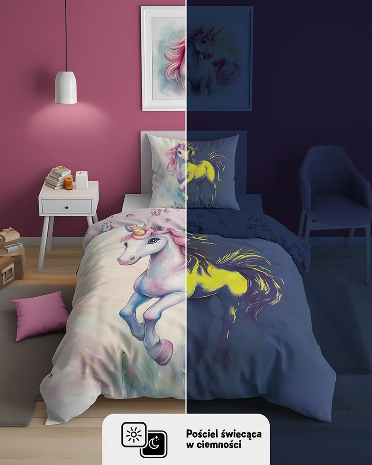 Fluo, komplet pościeli młodzieżowej, 140-200 cm + 70-80 cm, jednorożec
