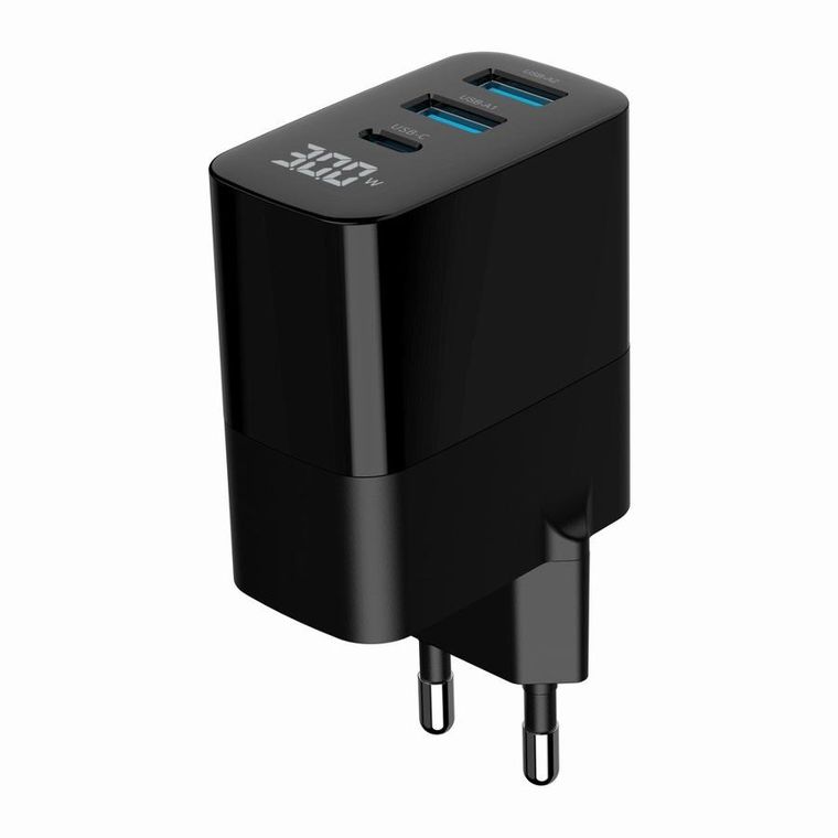 Gembird, szybka ładowarka sieciowa, 3-portowa, USB-A + USB TYP-C, 30W, LCD, czarna