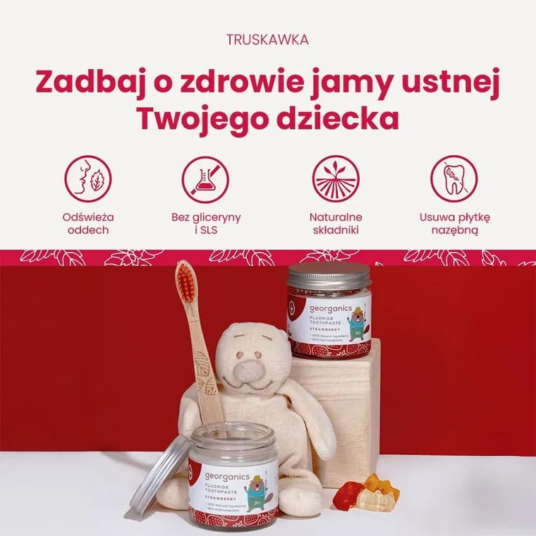 Georganics, organiczna pasta do zębów dla dzieci z fluorem w słoiku, strawberry, 60 ml