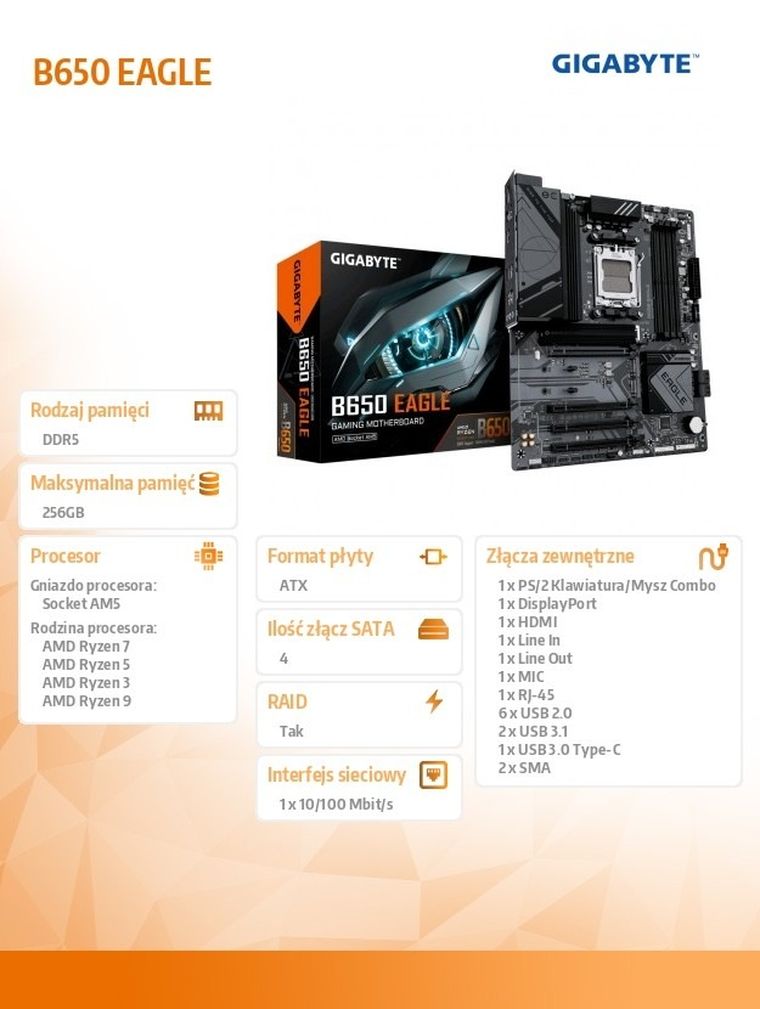 Gigabyte, płyta główna, B650 EAGLE AM5 4DDR5 HDMI/DP ATX