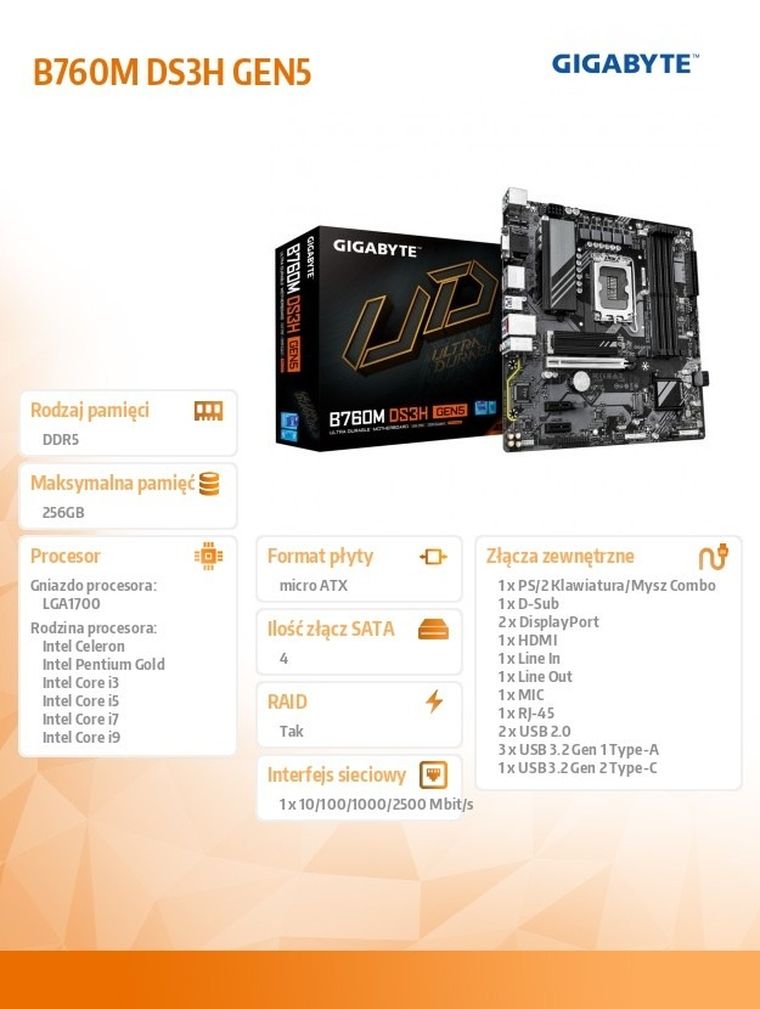 Gigabyte, płyta główna, B760M DS3H s1700 GEN5 4DDR5 HDMI/DP/DSUB mATX