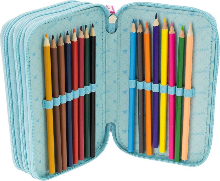 Girabrilla, piórnik rozkładany, potrójny, z wyposażeniem, jednorożec, błękitny