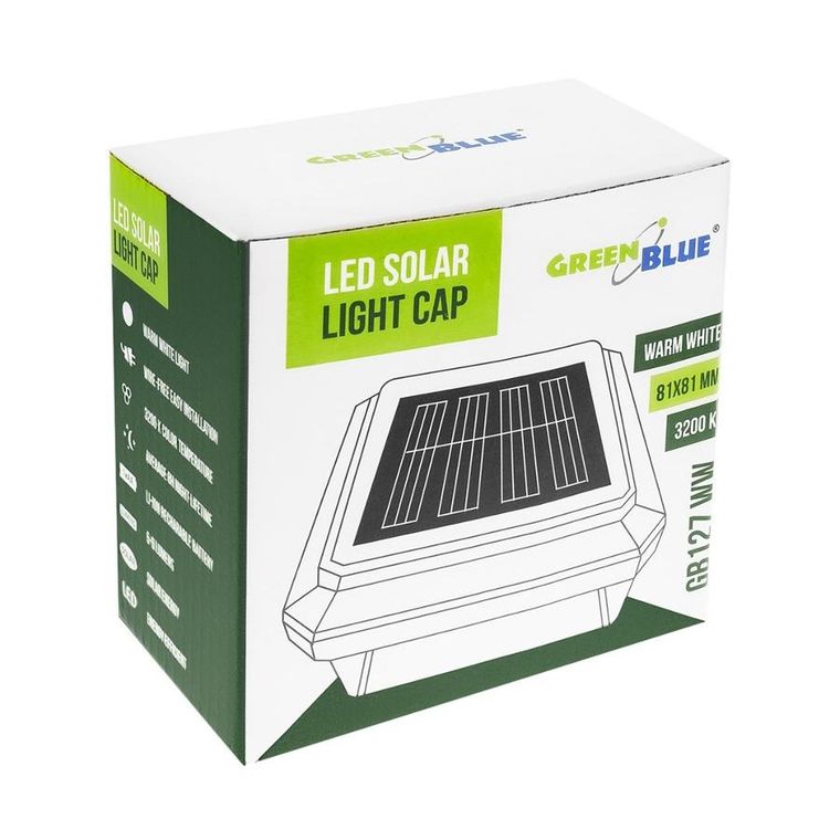 GreenBlue, lampa solarna LED na słupek, daszek kopertowy, 80-80 mm, 3200K GB127 WW