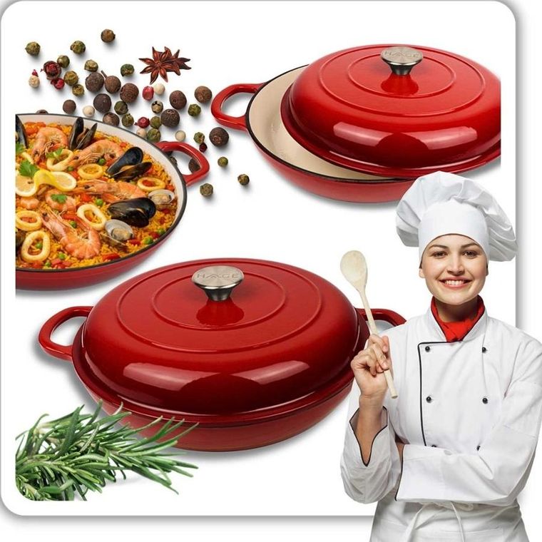 Hage, garnek żeliwny, emaliowany, płaski, czerwony, 30 cm, 3l