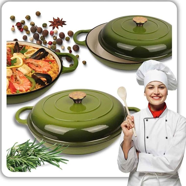 Hage, garnek żeliwny, emaliowany, płaski, oliwkowy, 30 cm, 3l