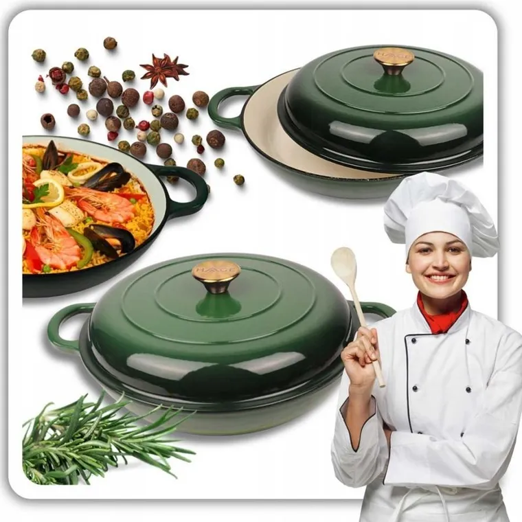 Hage, garnek żeliwny, emaliowany, płaski, zielony, 30 cm, 3l