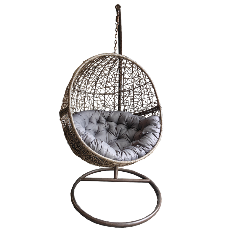 HaloFuture, fotel wiszący, kokon, huśtawka, brązowy, szara poduszka