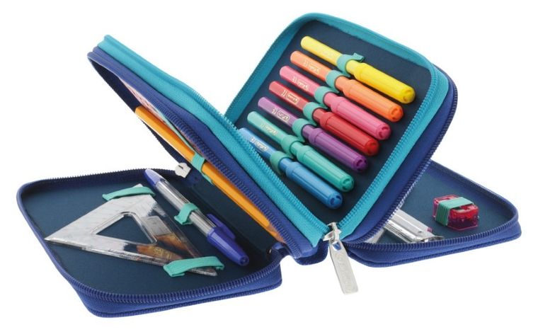 Herlitz, piórnik rozkładany, potrójny, z wyposażeniem, niebiesko-turkusowy