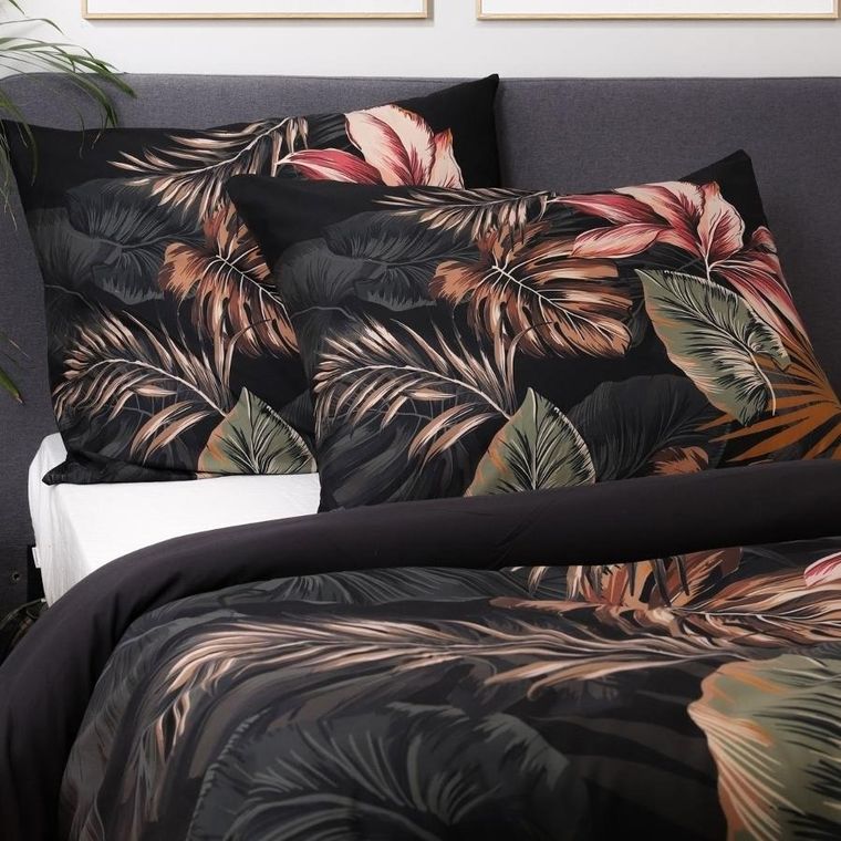 Homla, Fonce, Pościel z mikrofibry czarna w liście, 160-200 cm, SS23 825496