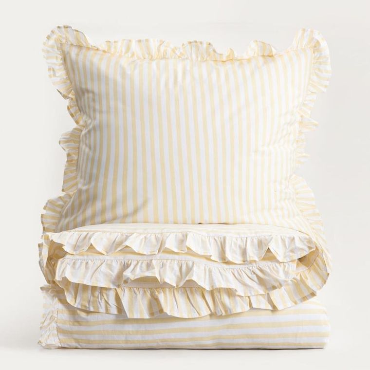 Homla, Trudy, pościel, bawełniana w żółte paski z falbanką, 140-200 cm