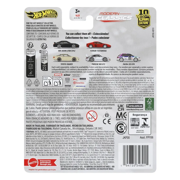 Hot Wheels, Kultowe auta, Ferrari Testarossa, pojazd, 1:64, JKF00