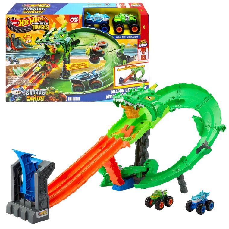 Hot Wheels, Monster Trucks, Rekiny vs Dinozaury Smoczy wyścig, zestaw do zabawy
