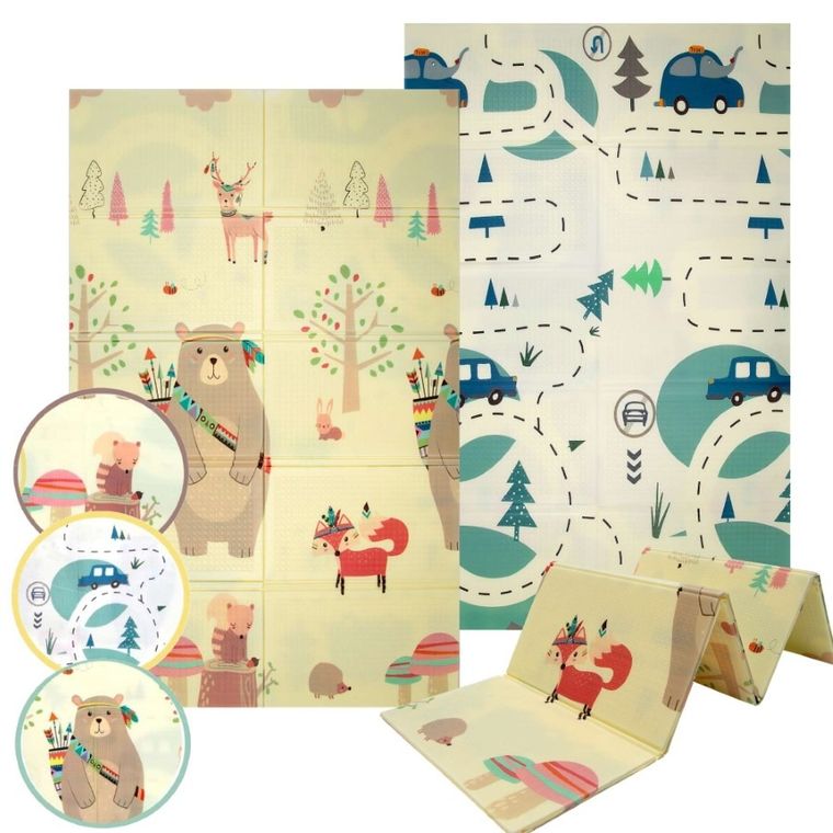 Humbi, dwustronna składana mata edukacyjna z pianki XPE, misie liski i auta, 120-180 cm