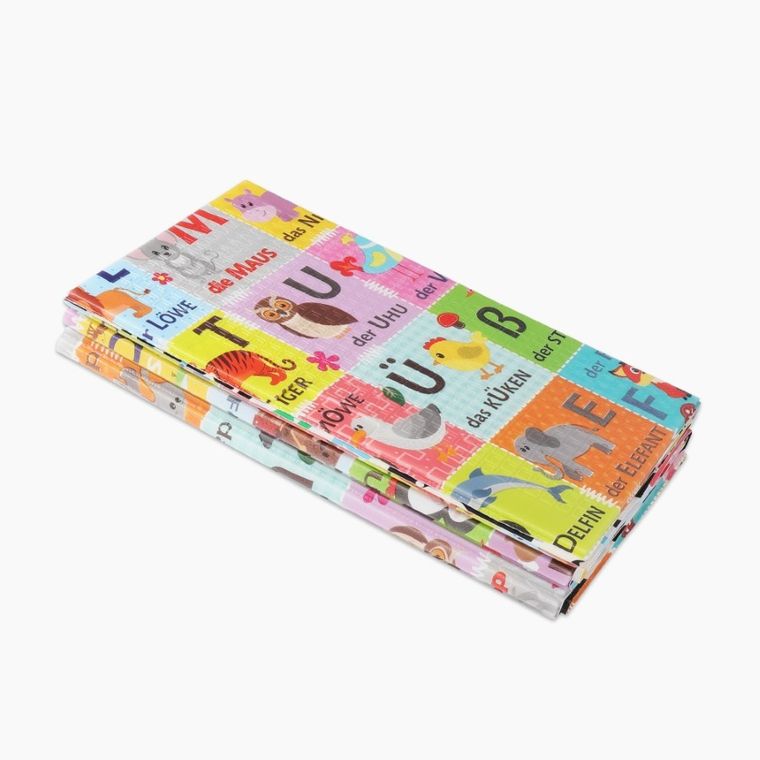 Humbi, mata edukacyjna 2w1 z pianki XPE, alfabet: wersja niemiecka, 120-180 cm