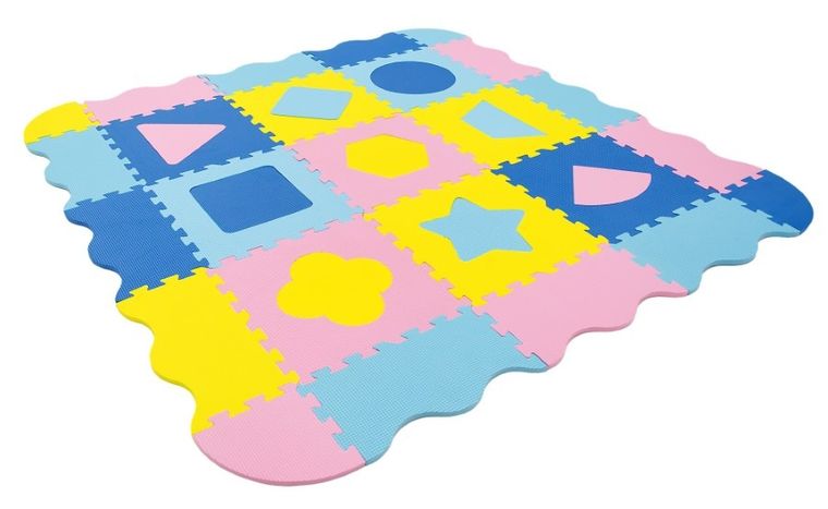 Humbi, mata piankowa, puzzle, kształty, żółty niebieski różowy, 120-120 cm