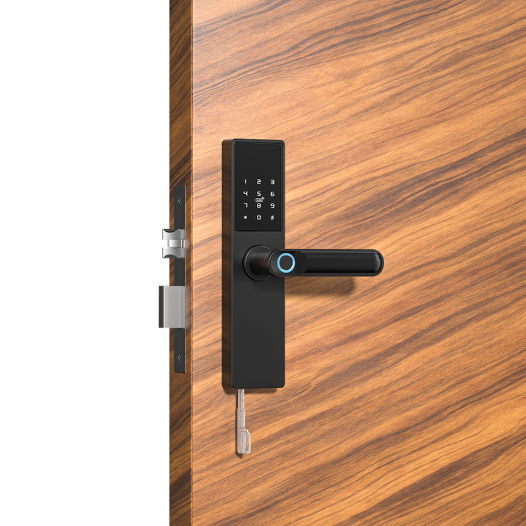Inteligentny zamek do drzwi Tuya, na odcisk palca, kod, Wi-Fi, RFID, czarny