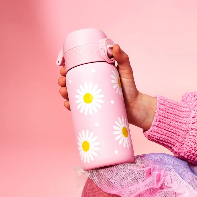 ION8, Kwiatki, bidon z ustnikiem ze stali nierdzewnej, różowy, 400 ml
