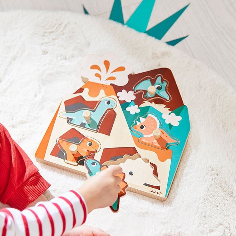Janod, Dinozaury, drewniane puzzle muzyczne, 6 szt.