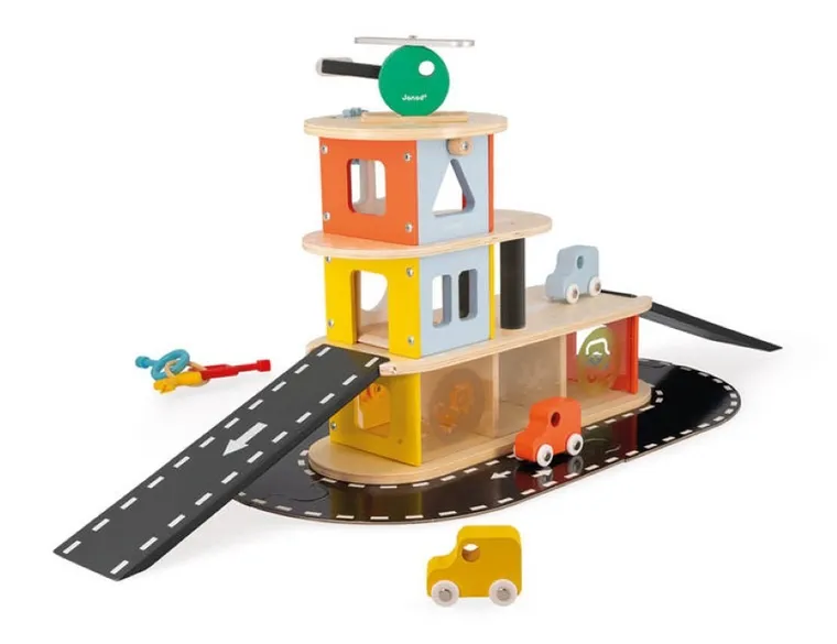 Janod, drewniany garaż piętrowy, zestaw z akcesoriami