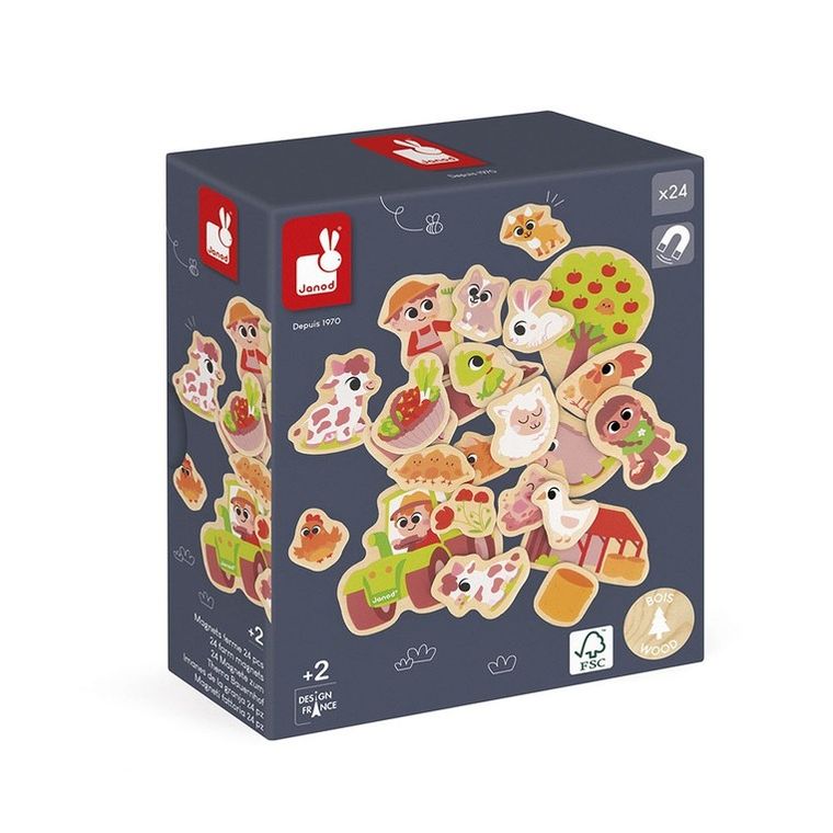 Janod, magnesy drewniane, na farmie, 24 szt.