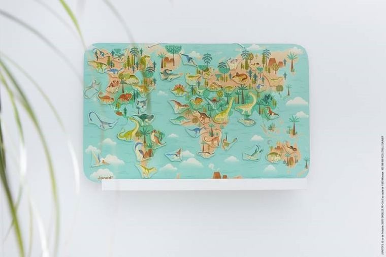 Janod, mapa świata, drewniana układanka magnetyczna, dinozaury, 50 magnesów