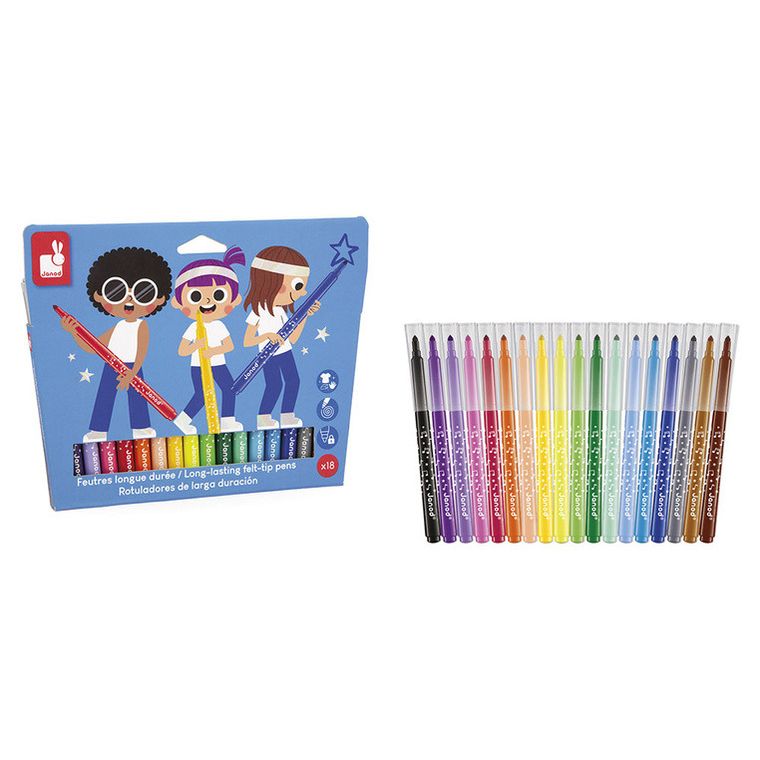 Janod, pisaki z filcową końcówką, flamastry, 18 kolorów