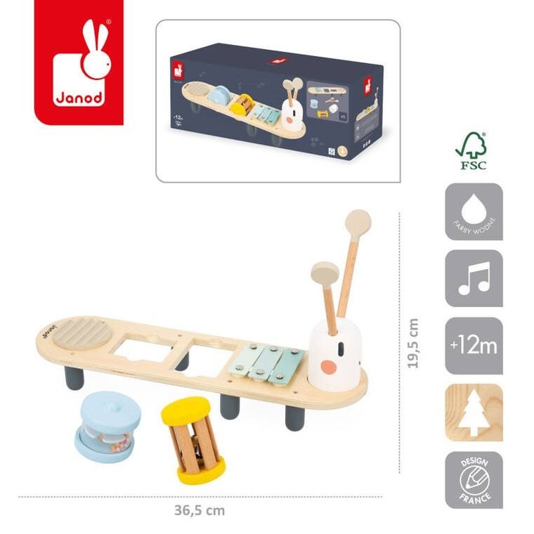 Janod, Sweet Cocoon, Dżdżownica, drewniany muzyczny ministolik, 12 m+