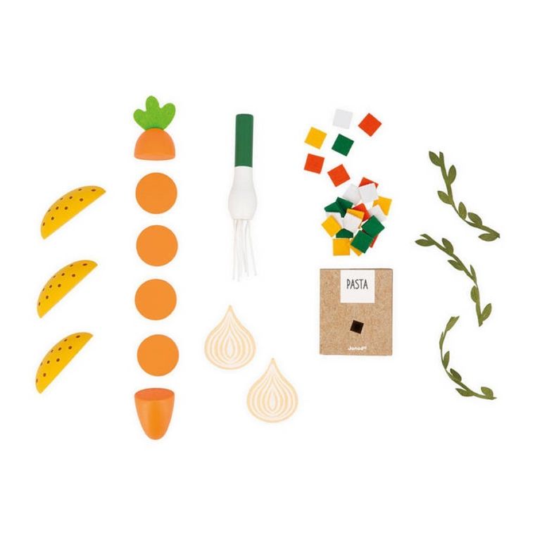 Janod, zestaw do gotowania zupy z drewnianym blenderem i akcesoriami