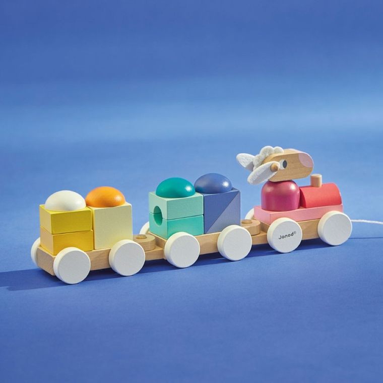Janod, Zigolos, pociąg drewniany z klockami i zwierzątkami do ciągnięcia