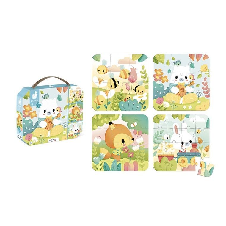 Janod, Zwierzątka Pure, puzzle progresywne w walizce, 4 układanki, 43 elementy