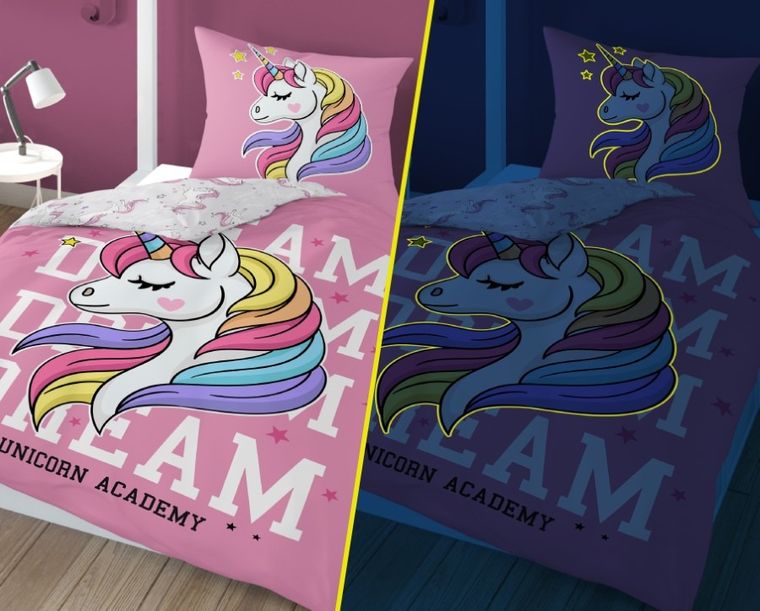 Jednorożec, pościel 2-częściowa, bawełniana, świecąca w ciemności, 160-200 cm