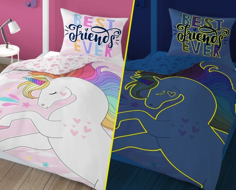 Jednorożec, pościel 2-częściowa, bawełniana, świecąca w ciemności, 160-200 cm