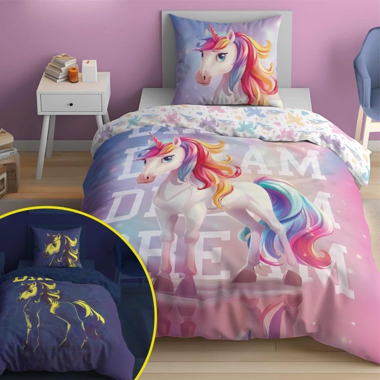 Jednorożec, pościel 2-częściowa, świecąca w ciemności, 160-200 cm
