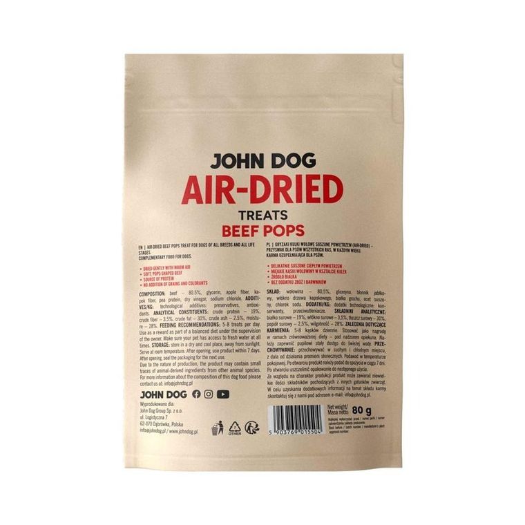 John Dog, Air Dried, beef pops, przysmak dla psa, 80g