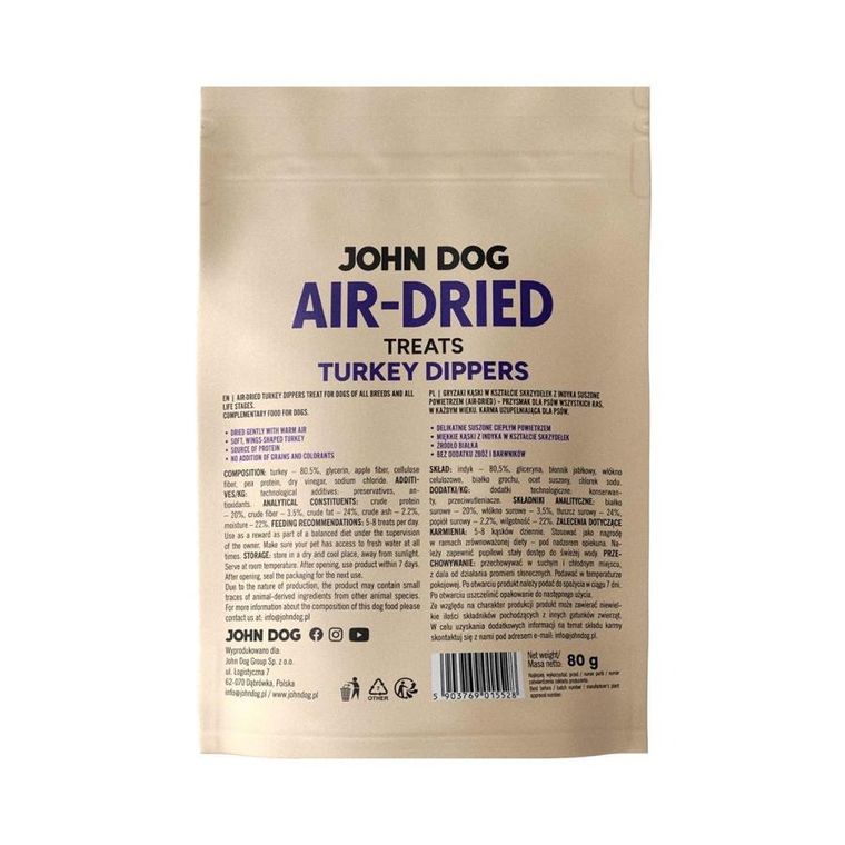 John Dog, Air Dried, turkey dippers, przysmak dla psa, 80g
