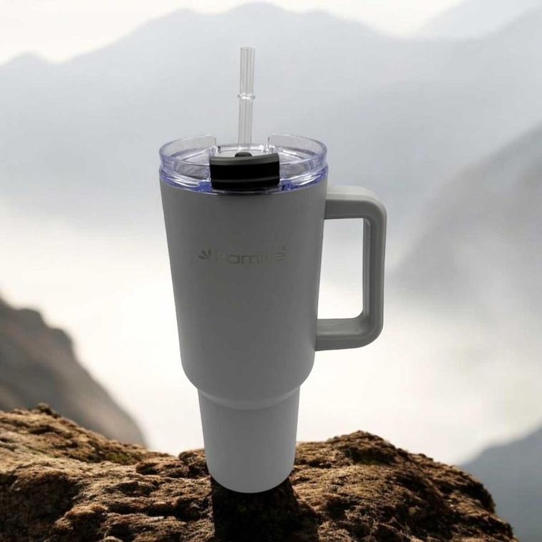 Kamille, stalowy kubek termiczny, termos, 1200 ml, z rączką i słomką