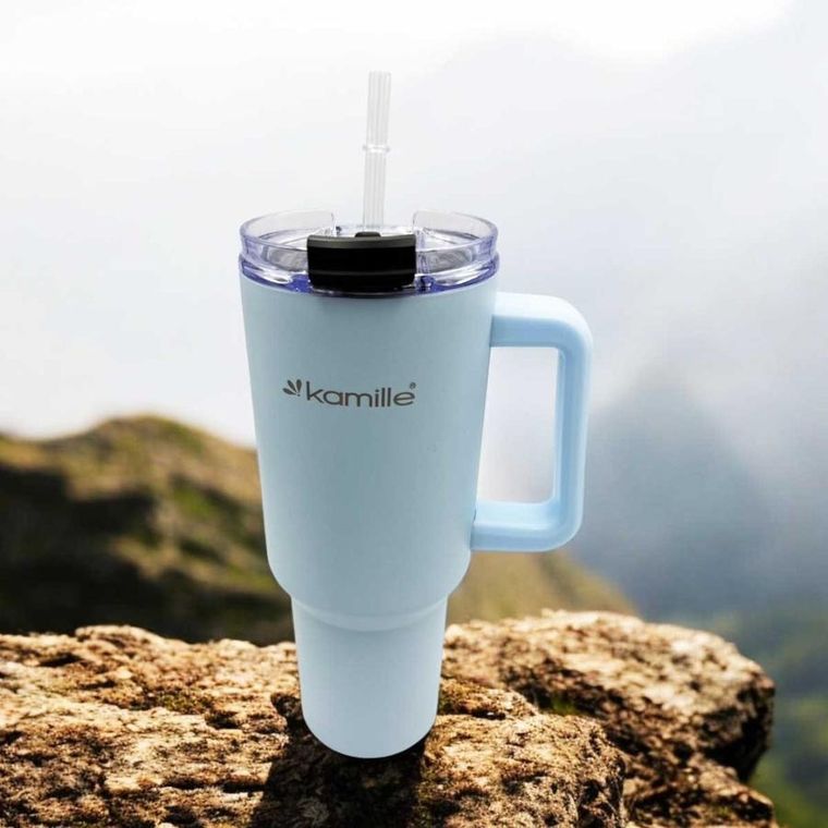 Kamille, stalowy kubek termiczny, termos, 1200 ml, z rączką i słomką