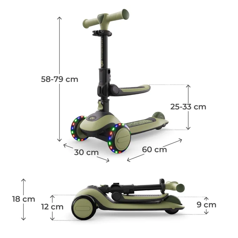 Kinderkraft, Halley 2, hulajnoga 3-kołowa, balansowa 2w1, LED, Grassland Green