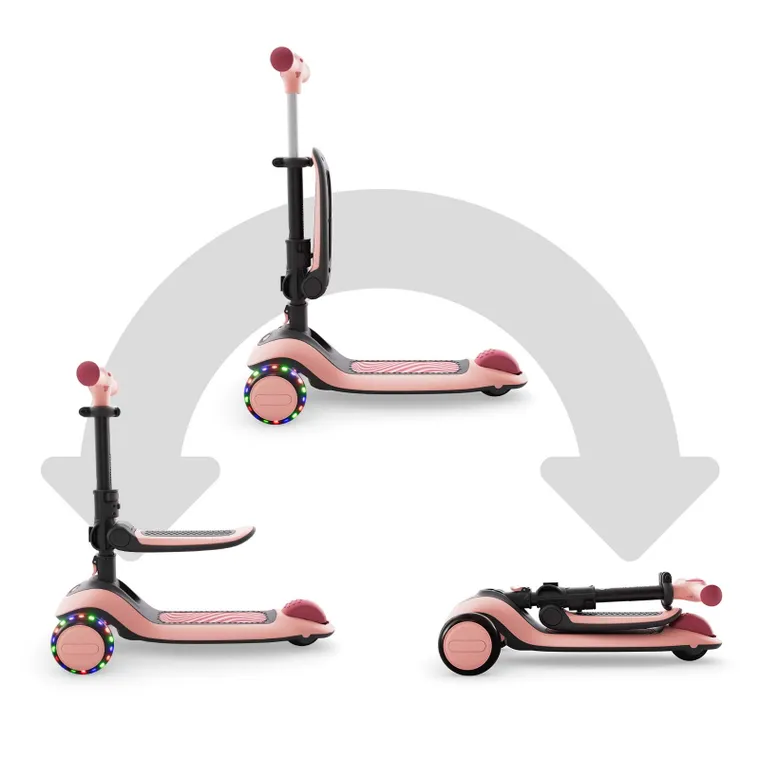 Kinderkraft, Halley 2, hulajnoga 3-kołowa, balansowa 2w1, LED, Rose Pink