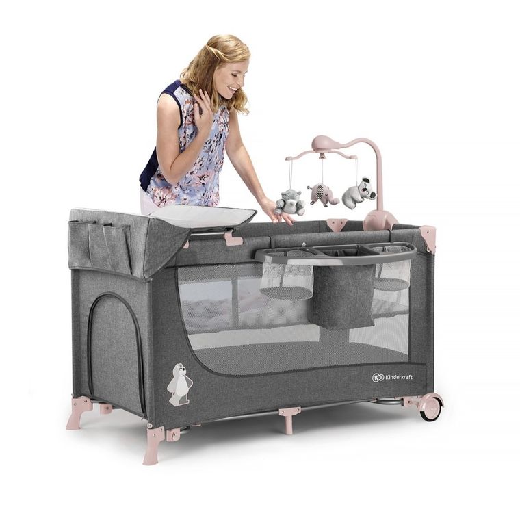 Kinderkraft, Joy, łóżeczko turystyczne z akcesoriami, szaro-różowe
